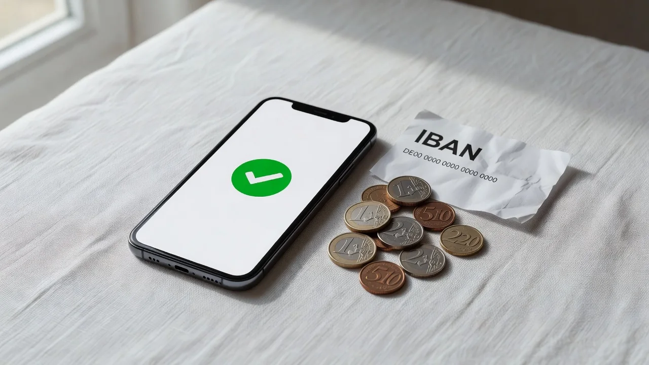 1xBet Portugal deposit: euro notes, a debit card and a phone showing a generic mobile-payment confirmation on a desk