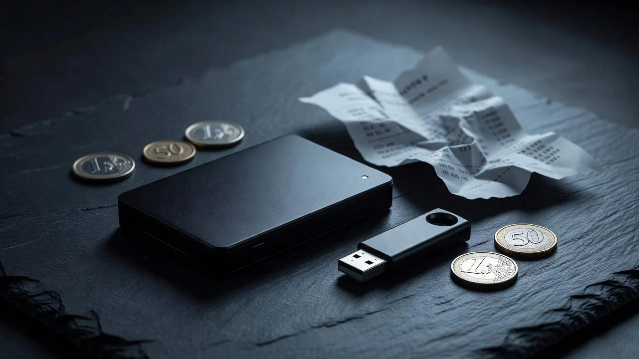 1xBet crypto deposit: hardware wallet, USB stick and a printed network receipt beside euro coins, no logos