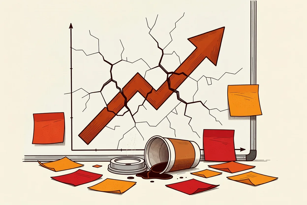 Illustration of warning signs and cracks spreading across a rising business chart