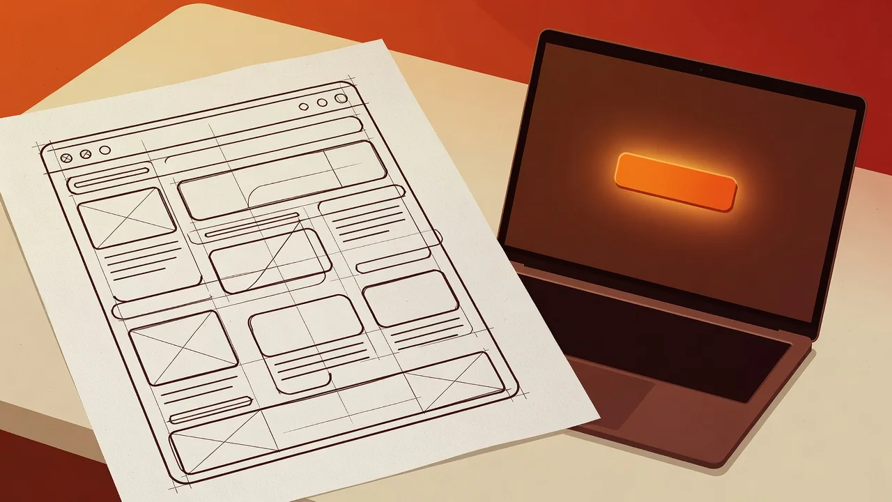 Illustration of a rough product sketch turning into a single working feature on a laptop screen