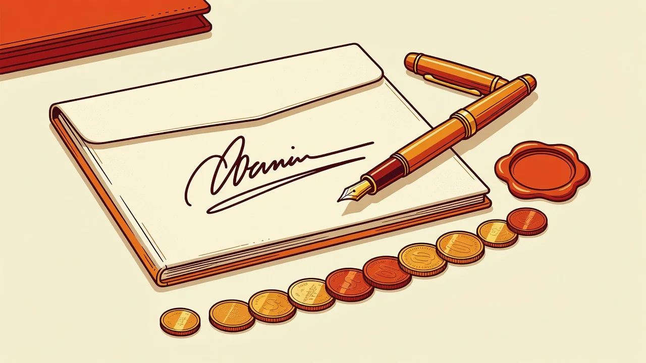 Illustration of a term sheet document, a handshake made of geometric shapes and a rising funding ladder