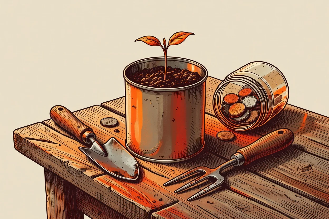 Illustration of a small seedling growing out of stacked coins into a sturdy tree