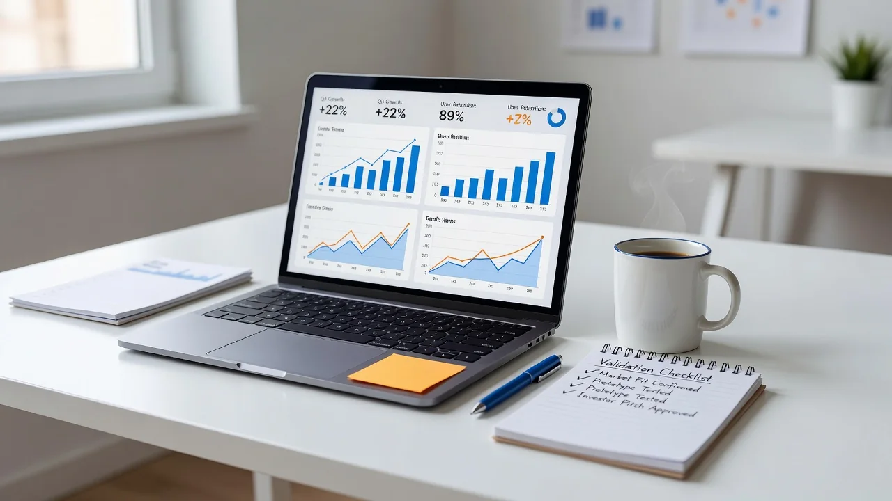 Founder reviewing real-time dashboard of landing page conversions and waitlist growth during MVP pre-launch testing
