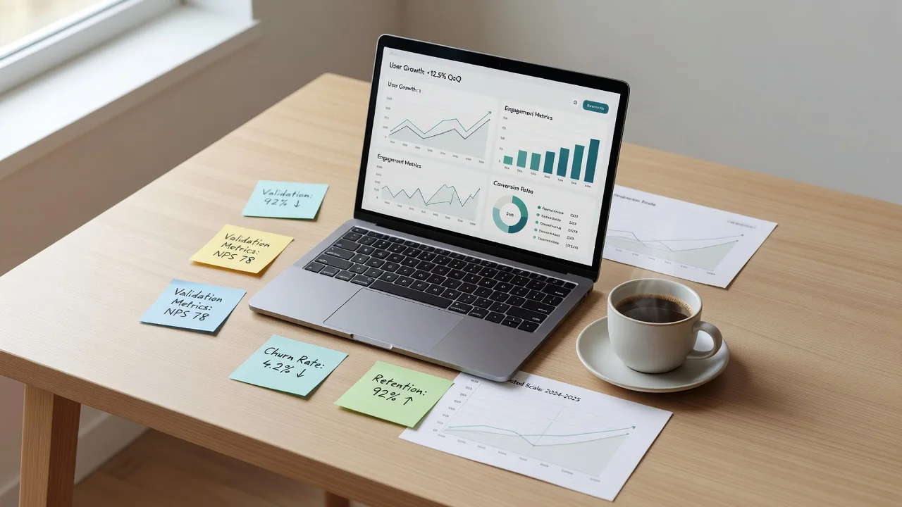Founder running validation experiments on multiple screens showing customer interviews, landing page tests and prioritization frameworks